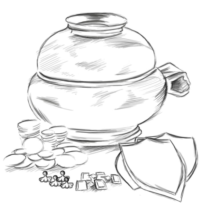 schwarz-weiß Zeichnung eines Doppelkopfes, d.h. eines mittelalterlichen Trinkgefässes, Münzen und Schmuckelementen