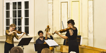 Musicians with violin and double bass. The audience is sitting in the foreground.