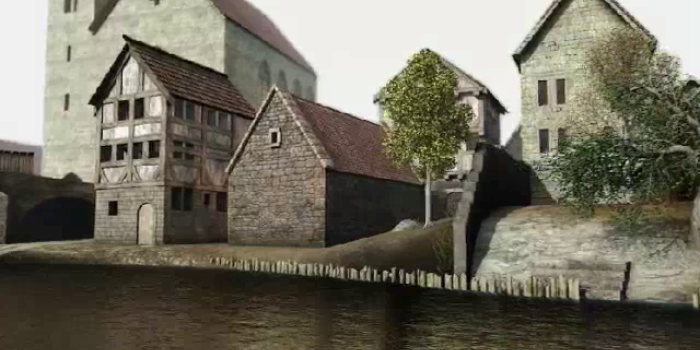 Computergrafik: Mittelalterliche Häuser am Flussufer