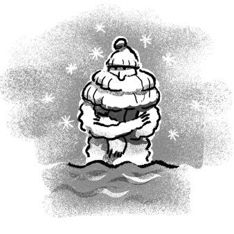 Zeichnung von einem zitternden Mensch mit Mütze und Schal im Wasser.