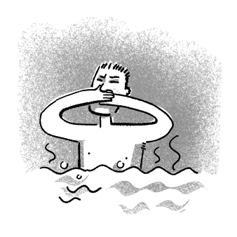 Zeichnung von einem Mann im Wasser, der sich die Nase angeekelt zuhält.