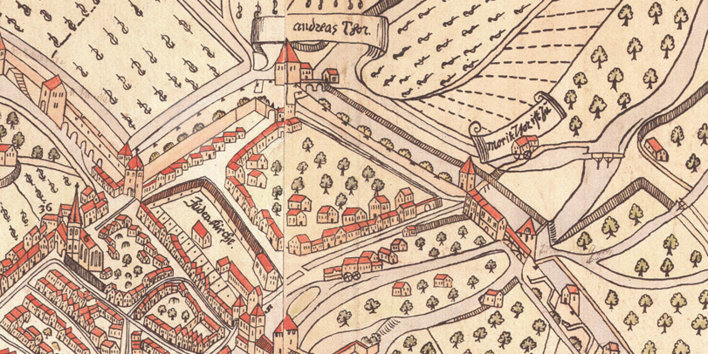 Old map of the city of Erfurt, where the Medieval Jewish Cemetery can be seen
