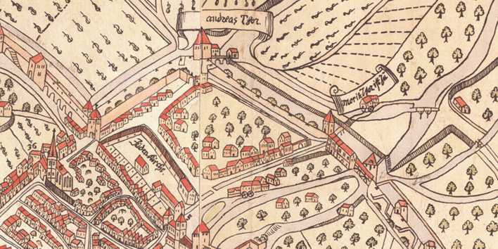 mittelalterliche Kartenzeichnung zum Friedhof mit Häusern und Bäumen