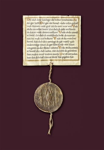 Jewish Oath in German. The format of the parchment is almost square. A large seal hangs from a cord from  the lower end of the document.