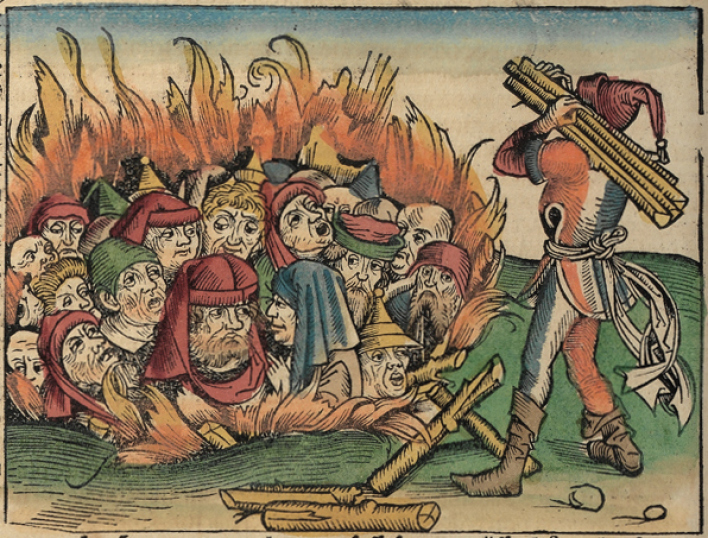 Der historische Holzschnitt aus der Schedelschen weltchronik von 1493 zeigt Juden, die auf einem Scheiterhaufen verbrannt werden.