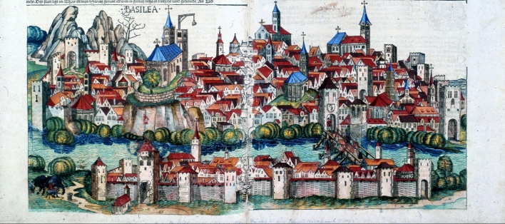 Historische Zeichnung einer Stadtansicht von Basel aus der Schedelschen Weltchronik von 1493