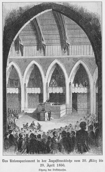Eine Schwarz-Weiß-Zeichnung einer Parlamentssitzung in einer Kirche.
