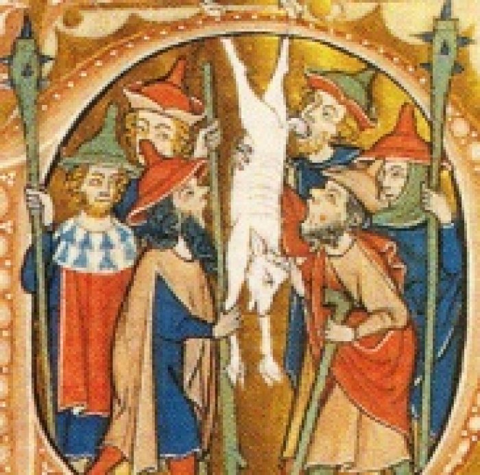 Die Illustration ist dem Codex Gisle entnommen, der im frühen 14. Jahrhundert in Westfalen entstand. Sie zeigt eine Gruppe von sechs Juden in zeittypischer Tracht mit nach oben spitz zulaufendem Judenhut, die sich an Jesus in Form eines kopfüber aufgehängten Lamms vergehen.