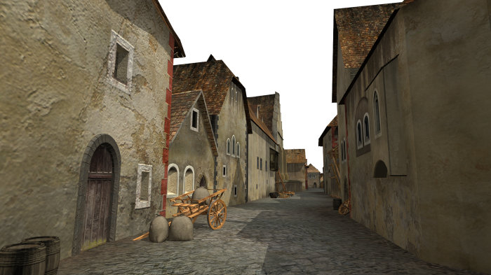 Zu sehen ist eine computergenerierte mittelalterliche Gasse mit niedrigen Häusern auf beiden Seiten.
