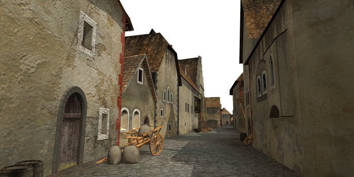 Zu sehen ist eine computergenerierte mittelalterliche Gasse mit niedrigen Häusern auf beiden Seiten.