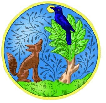 ein rundes und buntes, gemaltes Bild, auf dem ein Fuchs einen Raben auf einem Baum anschaut