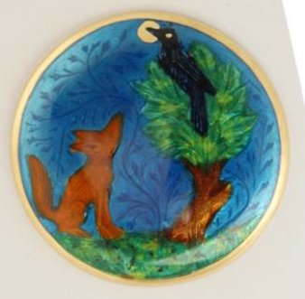 ein farbiges und gemaltes Bild mit einem Fuchs, der auf einen Raben auf einem Baum schaut