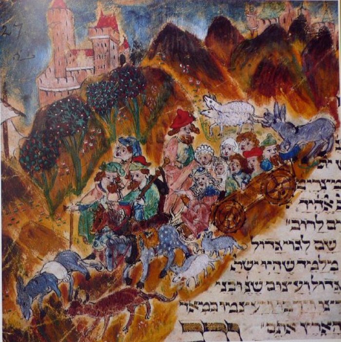 ein gemaltes Bild, auf dem Juden mit ihrem Besitz vertreiben werden, unten rechts befindet sich hebräische Schrift