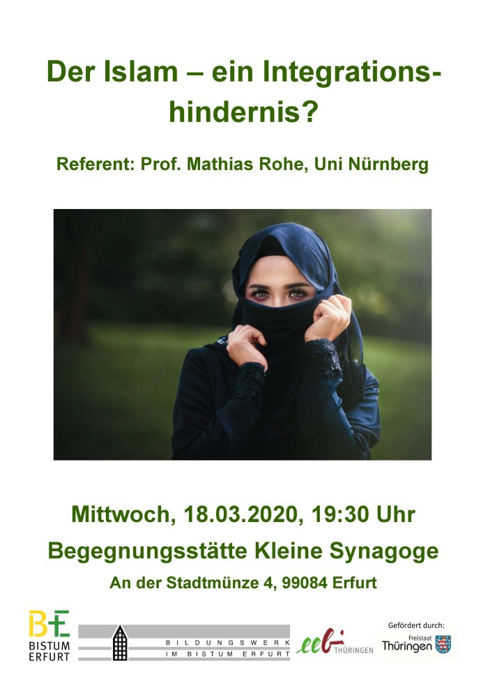 ein Plakat zum Vortrag: Der Islam - ein Integrationshindernis mit dem Foto einer Frau mit Kopftuch