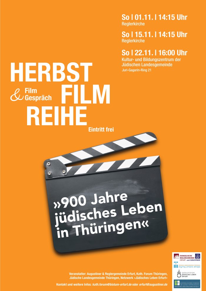 Plakat Herbstfilmreihe ein Plakat zur Herbstfilmreihe mit einer Filmklappe und der Aufschrift "900 Jahre jüdisches Leben in Thüringen"