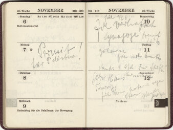 Altes Tagebuch mit handgeschriebenen Einträgen vom 6. bis 12. November 1938