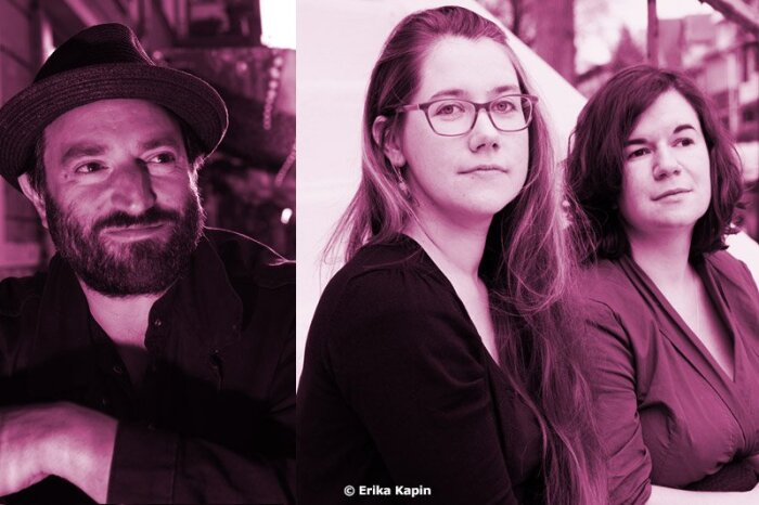 Yiddish Voices Kombiniertes Bildmotiv mit einem männlichen und zwei weiblichen jüdischen Musiker:innen in Aubergine-Tönen