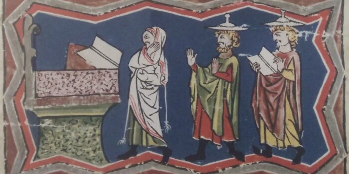 Eine illustrierte Darstellung von drei Personen vor einem Schrein