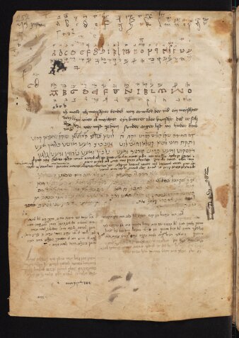 Vergilbte Seite mit lateinischem Alphabet in der hebräischen Handschrift eines jüdischen Arztes aus dem 15. Jh.