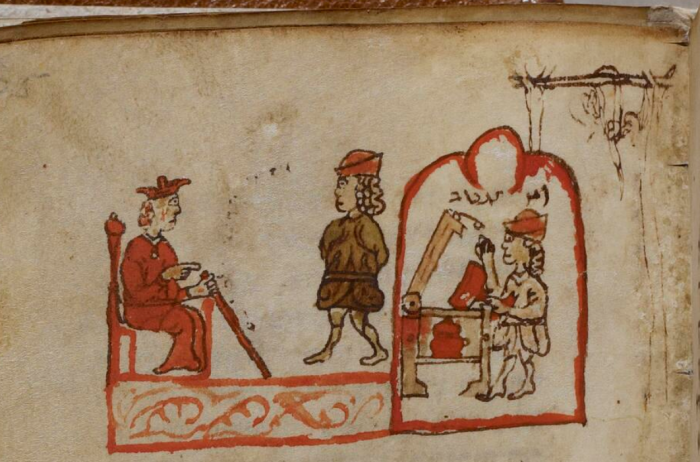 Zeichnung von einer Gerichtsverhandlung in Rot auf gelblichem Papier