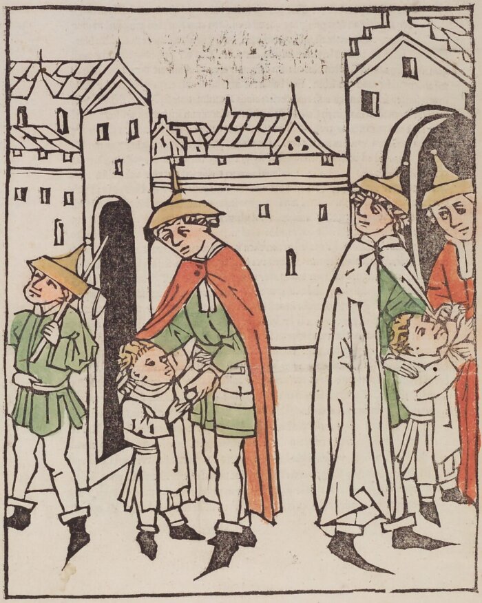 Historische Szene mit vier Personen und zwei Kindern als Holzschnitt