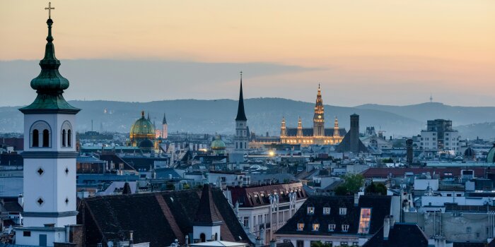 Luftaufnahme einer Stadt mit Türmen und Dächern bei Sonnenuntergang