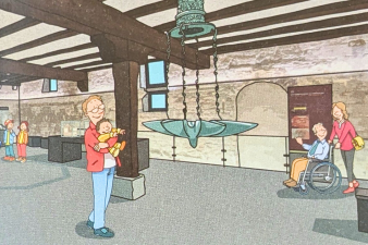 Buntes Comic-Bild mit 6 Menschen im Museum der Alten Synagoge