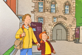 Buntes Comic-Bild mit einem Mann und seiner Tochter vor dem Museum der Alten Synagoge