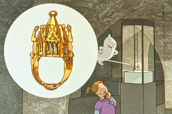 Buntes Comic-Bild mit einem Mädchen vor dem Erfurter Schatz in der Alten Synagoge