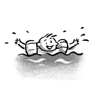 Zeichnung von einem fröhlichen Kind mit Schwimmflügeln.