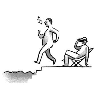 Zeichnung von einem Mann, der in die Mikwe geht und währenddessen von einem Anderem im Liegestuhl mit dem Fernglas beobachtet wird.