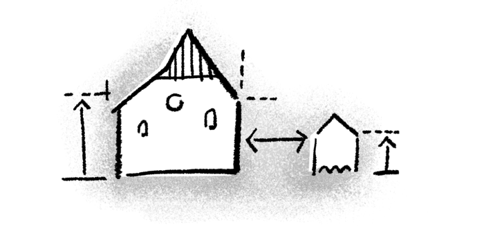 Zeichnung von Mikwe und Synagoge, an den Gebäuden sind die Maße und Abstände markiert.