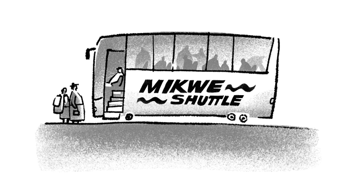 Zeichnung von einem Bus, auf dem Mikweshuttle steht und in den Menschen einsteigen.