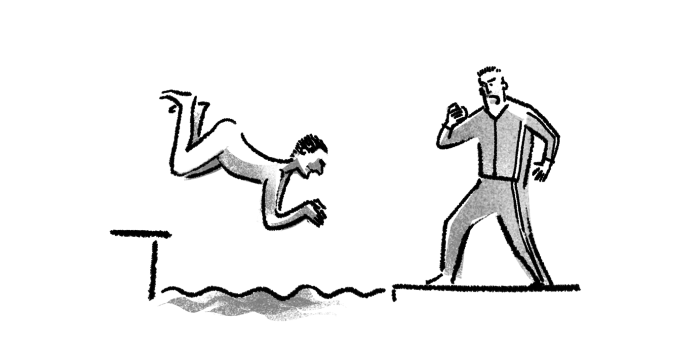 Zeichnung von einem Mann, der in die Mikwe geht, am Beckenrand steht ein Trainer und stoppt die Zeit.