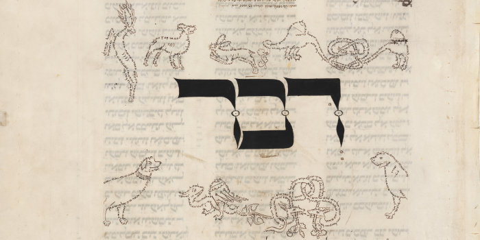 Mikrografie aus der Bibel Erfurt 1, MS. O r. Fol. 1211, fol. 147a. Aus winzigen Buchstaben geformte Tiere und Fabelwesen auf einer Seite der Bibelhandschrift.