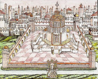 Eine historische Zeichnung der Stadt Jerusalem. Im Vordergrund ist der Tempel mit goldener Kuppel abgebildet, im Hintergrund ist die Stadt mit vielen Türmen zu sehen.