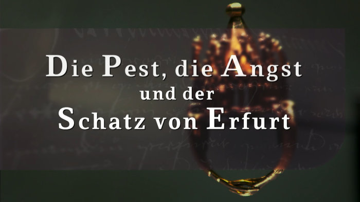 MDR-Film „Der Schatz von Erfurt" 2016 Das Foto zeigt den Titel des Films „Die Pest, die Angst und der Schatz von Erfurt", in dem es um den Schatz des Kalman von Wiehe geht. Er war ein jüdischer Kaufmann in Erfurt und kam, wie ein Großteil der jüdischen Gemeinde, im März 1349 bei einem Pogrom um. Der Titel ist in weißer Druckschrift zu lesen, im Hintergrund ist verschwommen der goldene Hochzeitsring aus dem Schatzfund vor dunkelgrauemn Hintergrund zu sehen.